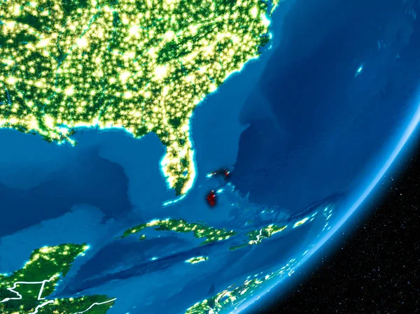 Bahamalar kırmızı Planet Earth görünür sınır çizgileri ve şehir ışıkları ile gece. 3D çizim. Nasa tarafından döşenmiş bu görüntü unsurları.