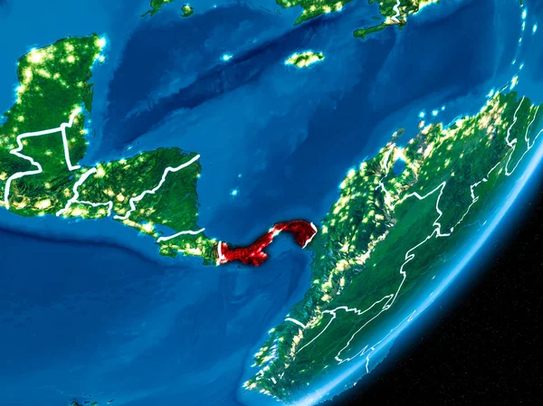 Panama Planet Earth görünür sınır çizgileri ve şehir ışıkları ile gece kırmızı. 3D çizim. Nasa tarafından döşenmiş bu görüntü unsurları.