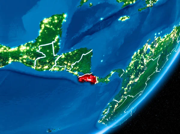 Red Planet Earth görünür sınır çizgileri ve şehir ışıkları ile gece Kosta Rika. 3D çizim. Nasa tarafından döşenmiş bu görüntü unsurları.
