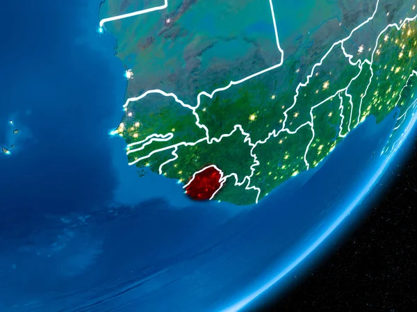 Sierra Leone kırmızı Planet Earth görünür sınır çizgileri ve şehir ışıkları ile gece. 3D çizim. Nasa tarafından döşenmiş bu görüntü unsurları.