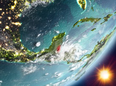 Belize Sunrise son derece detaylı yüzey dokuları ve bulutlar Dünya gezegeninin yörüngeden. 3D çizim. Nasa tarafından döşenmiş bu görüntü unsurları.