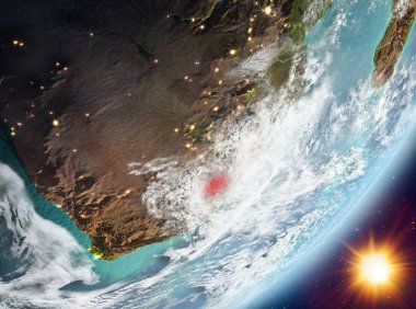 Lesotho Sunrise son derece detaylı yüzey dokuları ve bulutlar Dünya gezegeninin yörüngeden. 3D çizim. Nasa tarafından döşenmiş bu görüntü unsurları.