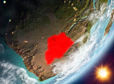 Botsvana Sunrise son derece detaylı yüzey dokuları ve bulutlar Dünya gezegeninin yörüngeden. 3D çizim. Nasa tarafından döşenmiş bu görüntü unsurları.