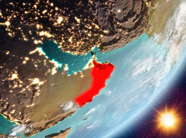 Umman Sunrise son derece detaylı yüzey dokuları ve bulutlar Dünya gezegeninin yörüngeden. 3D çizim. Nasa tarafından döşenmiş bu görüntü unsurları.