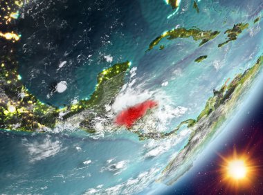 Honduras Sunrise son derece detaylı yüzey dokuları ve bulutlar Dünya gezegeninin yörüngeden. 3D çizim. Nasa tarafından döşenmiş bu görüntü unsurları.