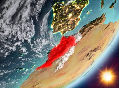 Sunrise son derece detaylı yüzey dokuları ve bulutlar Dünya gezegeninin yörüngesine Fas'tan. 3D çizim. Nasa tarafından döşenmiş bu görüntü unsurları.