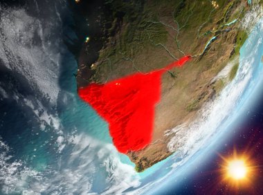 Namibya Sunrise son derece detaylı yüzey dokuları ve bulutlar Dünya gezegeninin yörüngeden. 3D çizim. Nasa tarafından döşenmiş bu görüntü unsurları.