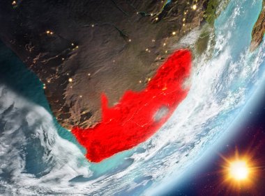 Güney Afrika son derece detaylı yüzey dokuları ve bulutlar Sunrise Dünya gezegeninin yörüngeden. 3D çizim. Nasa tarafından döşenmiş bu görüntü unsurları.