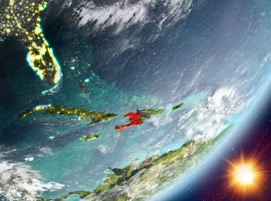 Sunrise son derece detaylı yüzey dokuları ve bulutlar Dünya gezegeninin yörüngesine Haiti'den. 3D çizim. Nasa tarafından döşenmiş bu görüntü unsurları.