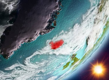 İzlanda'dan Sunrise son derece detaylı yüzey dokuları ve bulutlar Dünya gezegeninin yörüngesinde. 3D çizim. Nasa tarafından döşenmiş bu görüntü unsurları.