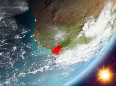 Sunrise son derece detaylı yüzey dokuları ve bulutlar Dünya gezegeninin yörüngeden Sierra Leone. 3D çizim. Nasa tarafından döşenmiş bu görüntü unsurları.