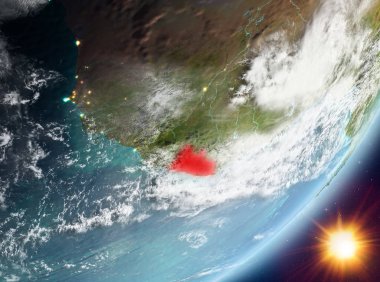 Liberya Sunrise son derece detaylı yüzey dokuları ve bulutlar Dünya gezegeninin yörüngeden. 3D çizim. Nasa tarafından döşenmiş bu görüntü unsurları.