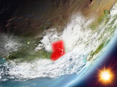 Gana Sunrise son derece detaylı yüzey dokuları ve bulutlar Dünya gezegeninin yörüngeden. 3D çizim. Nasa tarafından döşenmiş bu görüntü unsurları.