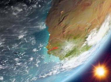 Gambiya Sunrise son derece detaylı yüzey dokuları ve bulutlar Dünya gezegeninin yörüngeden. 3D çizim. Nasa tarafından döşenmiş bu görüntü unsurları.