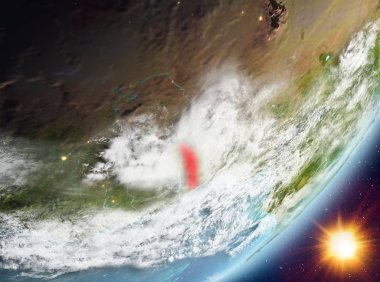 Togo Sunrise son derece detaylı yüzey dokuları ve bulutlar Dünya gezegeninin yörüngeden. 3D çizim. Nasa tarafından döşenmiş bu görüntü unsurları.