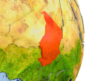 Chad modeli bir kabartma ülkeler ve gerçekçi su küre kırmızı. 3D çizim. Nasa tarafından döşenmiş bu görüntü unsurları.