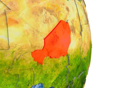 Nijer modeli bir kabartma ülkeler ve gerçekçi su küre kırmızı. 3D çizim. Nasa tarafından döşenmiş bu görüntü unsurları.