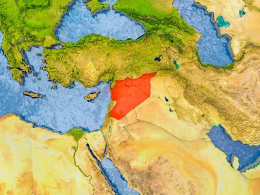 Kabarık ülkelerle gerçekçi haritada kırmızı Suriye'de. 3D çizim. Nasa tarafından döşenmiş bu görüntü unsurları.