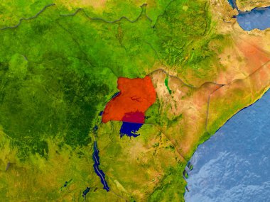 Kabarık ülkelerle gerçekçi haritada kırmızı Uganda'da. 3D çizim. Nasa tarafından döşenmiş bu görüntü unsurları.