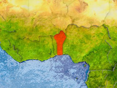 Benin Kırmızı kabarık ülkelerle gerçekçi harita üzerinde. 3D çizim. Nasa tarafından döşenmiş bu görüntü unsurları.