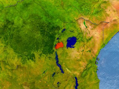 Kabarık ülkelerle gerçekçi haritada kırmızı Ruanda'da. 3D çizim. Nasa tarafından döşenmiş bu görüntü unsurları.