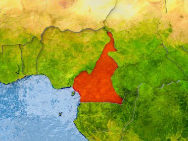 Kabarık ülkelerle gerçekçi haritada kırmızı Kamerun'da. 3D çizim. Nasa tarafından döşenmiş bu görüntü unsurları.