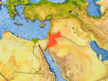 Ürdün kabarık ülkelerle gerçekçi haritada kırmızı '. 3D çizim. Nasa tarafından döşenmiş bu görüntü unsurları.