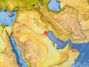 Kabarık ülkelerle gerçekçi haritada kırmızı Kuveyt'te. 3D çizim. Nasa tarafından döşenmiş bu görüntü unsurları.