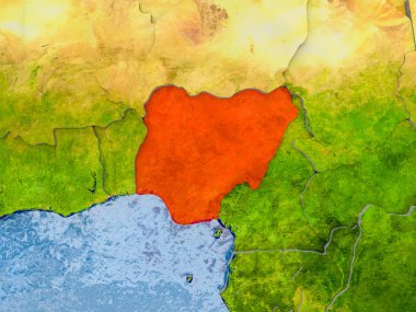 Kabarık ülkelerle gerçekçi haritada kırmızı içinde nigeria. 3D çizim. Nasa tarafından döşenmiş bu görüntü unsurları.