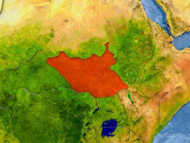 Kabarık ülkelerle gerçekçi haritada kırmızı Güney Sudan'da. 3D çizim. Nasa tarafından döşenmiş bu görüntü unsurları.