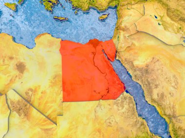 Mısır kabarık ülkelerle gerçekçi haritada kırmızı '. 3D çizim. Nasa tarafından döşenmiş bu görüntü unsurları.