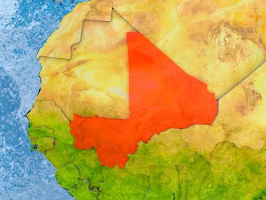 Mali kabarık ülkelerle gerçekçi haritada kırmızı '. 3D çizim. Nasa tarafından döşenmiş bu görüntü unsurları.