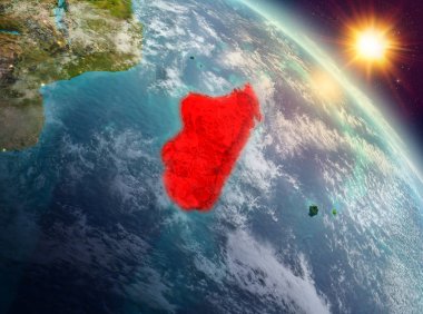 Sunrise modeli gezegeninin uzaydaki bir kırmızı vurgulanır Madagaskar yukarıda. 3D çizim. Nasa tarafından döşenmiş bu görüntü unsurları.
