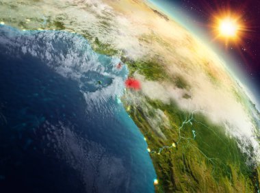 Sunrise yukarıda Ekvator Ginesi modeli gezegeninin uzaydaki bir kırmızı vurgulanır. 3D çizim. Nasa tarafından döşenmiş bu görüntü unsurları.