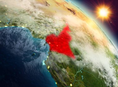Sunrise modeli gezegeninin uzaydaki bir kırmızı vurgulanır Kamerun yukarıda. 3D çizim. Nasa tarafından döşenmiş bu görüntü unsurları.