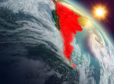 Sunrise yukarıda Arjantin modeli gezegeninin uzaydaki bir kırmızı vurgulanır. 3D çizim. Nasa tarafından döşenmiş bu görüntü unsurları.