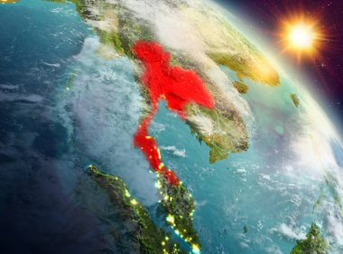 Sunrise modeli gezegeninin uzaydaki bir kırmızı vurgulanır Tayland yukarıda. 3D çizim. Nasa tarafından döşenmiş bu görüntü unsurları.