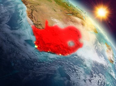 Sunrise yukarıda Güney Afrika modeli gezegeninin uzaydaki bir kırmızı vurgulanır. 3D çizim. Nasa tarafından döşenmiş bu görüntü unsurları.