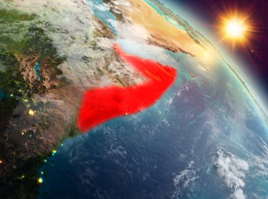 Sunrise modeli gezegeninin uzaydaki bir kırmızı vurgulanır Somali yukarıda. 3D çizim. Nasa tarafından döşenmiş bu görüntü unsurları.