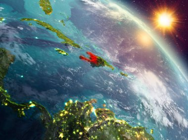 Sunrise modeli gezegeninin uzaydaki bir kırmızı vurgulanır Haiti yukarıda. 3D çizim. Nasa tarafından döşenmiş bu görüntü unsurları.