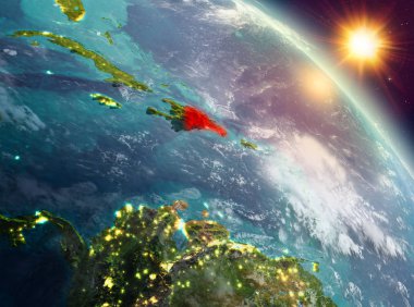 Sunrise yukarıda Dominik Cumhuriyeti modeli gezegeninin uzaydaki bir kırmızı vurgulanır. 3D çizim. Nasa tarafından döşenmiş bu görüntü unsurları.