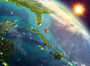 Sunrise modeli gezegeninin uzaydaki bir kırmızı vurgulanır Bahamalar yukarıda. 3D çizim. Nasa tarafından döşenmiş bu görüntü unsurları.