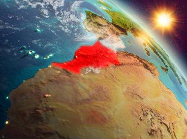 Sunrise modeli gezegeninin uzaydaki bir kırmızı vurgulanır Fas yukarıda. 3D çizim. Nasa tarafından döşenmiş bu görüntü unsurları.