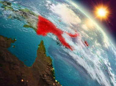 Sunrise yukarıda Papua Yeni Gine modeli gezegeninin uzaydaki bir kırmızı vurgulanır. 3D çizim. Nasa tarafından döşenmiş bu görüntü unsurları.