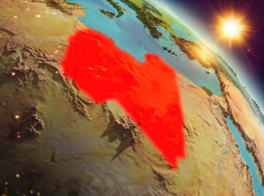Sunrise modeli gezegeninin uzaydaki bir kırmızı vurgulanır Libya yukarıda. 3D çizim. Nasa tarafından döşenmiş bu görüntü unsurları.