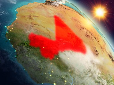 Sunrise modeli gezegeninin uzaydaki bir kırmızı vurgulanır Mali yukarıda. 3D çizim. Nasa tarafından döşenmiş bu görüntü unsurları.