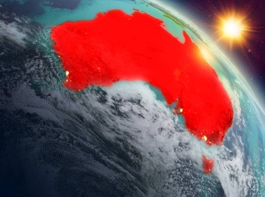 Sunrise modeli gezegeninin uzaydaki bir kırmızı vurgulanır Avustralya yukarıda. 3D çizim. Nasa tarafından döşenmiş bu görüntü unsurları.