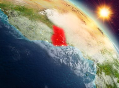 Sunrise modeli gezegeninin uzaydaki bir kırmızı vurgulanır Gana yukarıda. 3D çizim. Nasa tarafından döşenmiş bu görüntü unsurları.