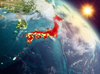 Sunrise yukarıda Japonya modeli gezegeninin uzaydaki bir kırmızı vurgulanır. 3D çizim. Nasa tarafından döşenmiş bu görüntü unsurları.