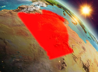 Yukarıda kırmızı modeli gezegeninin uzaydaki bir vurgulanmış Cezayir gündoğumu. 3D çizim. Nasa tarafından döşenmiş bu görüntü unsurları.